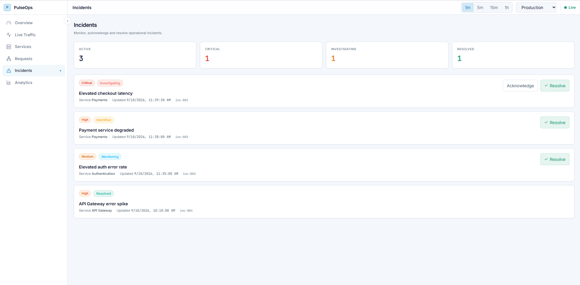 PulseOps incidents monitoring page